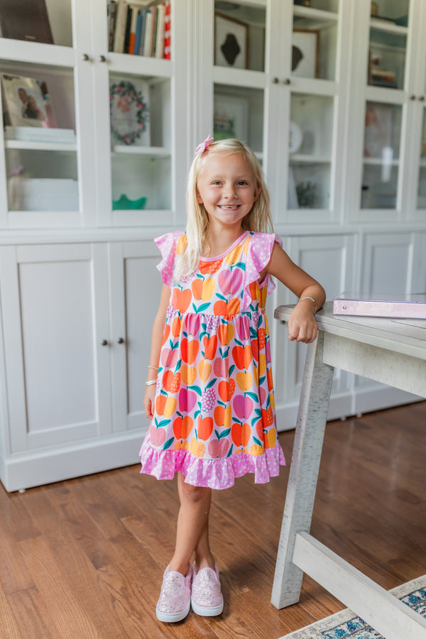 Pink Happy Apple Angel-Sleeve Dress & Polka Dot Shorts