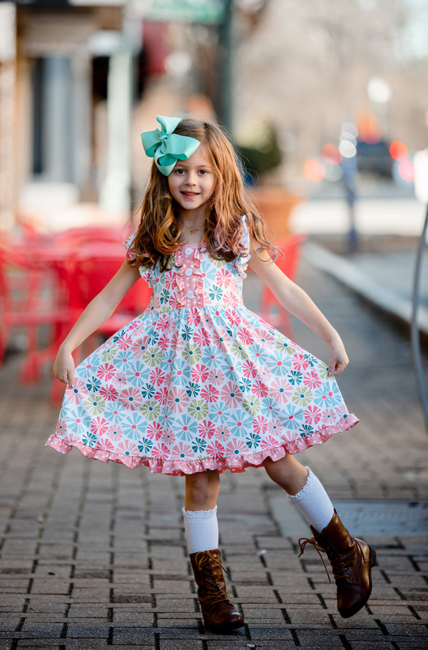 Kids Coral Pinwheel Button-Front Angel-Sleeve Dress