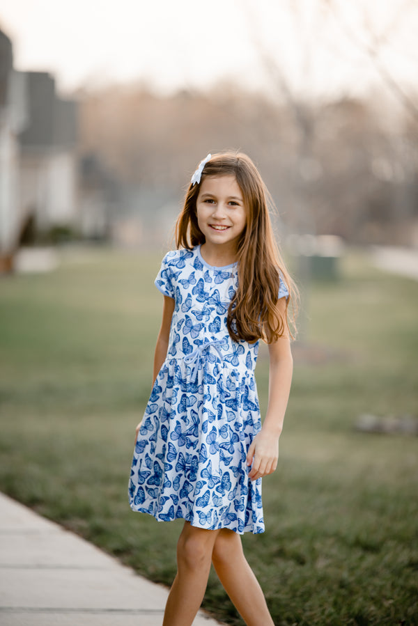 Kids White & Blue Butterfly Bow-Waist Cap-Sleeve Dress