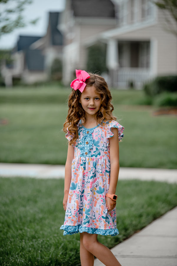 Kids Coral Horses Button-Front Angel-Sleeve Dress