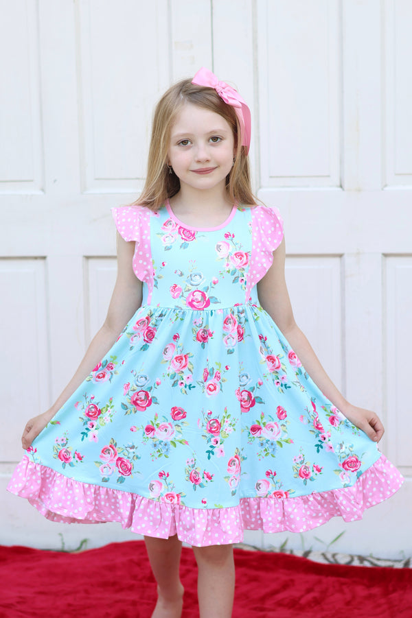 Vintage Rose & Dots Angel-Sleeve Dress