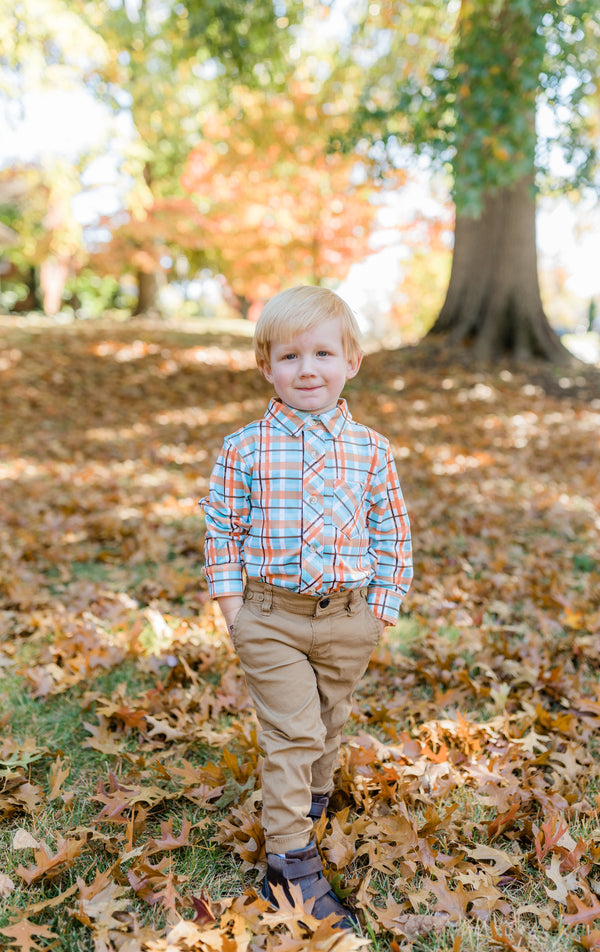 Orange Pumpkin Patch Plaid Long-Sleeve Button-Up