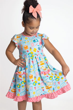 Millie Loves Lily Girls' Ice Blue School Print, 2- Pocket Dress
