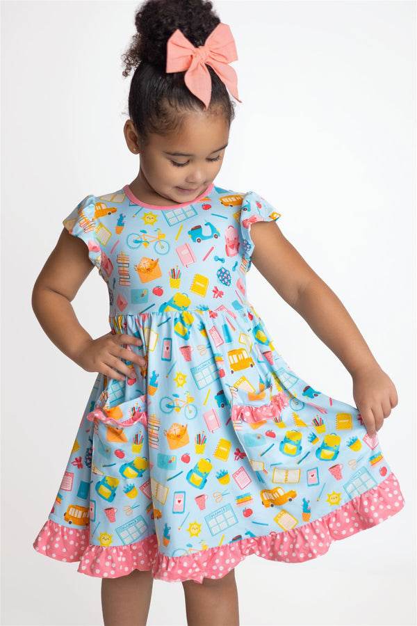 Millie Loves Lily Girls' Ice Blue School Print, 2- Pocket Dress