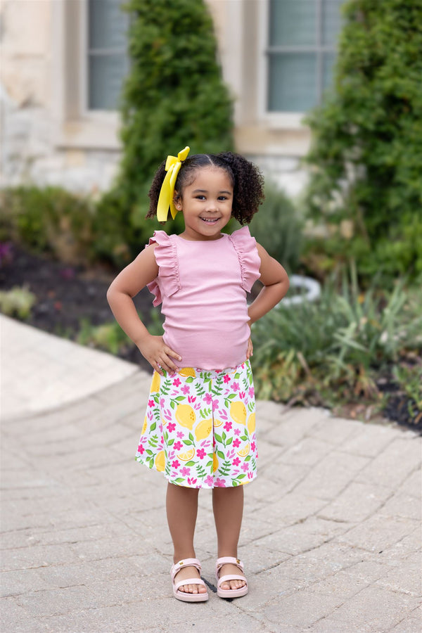 Dusty Pink Ribbed Ruffle Sleeveless Top & Lemonade Skort