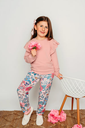 Dusty Pink Angel-Sleeve Top & Velour Vintage Floral Joggers