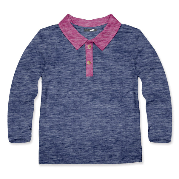 Kids Navy Heather Contrast Neck Long-Sleeve Polo