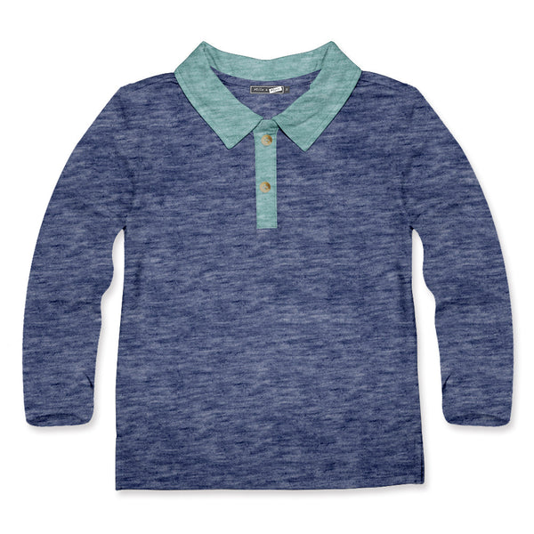 Kids Navy & Nile Blue Heather Contrast Neck Long-Sleeve Polo