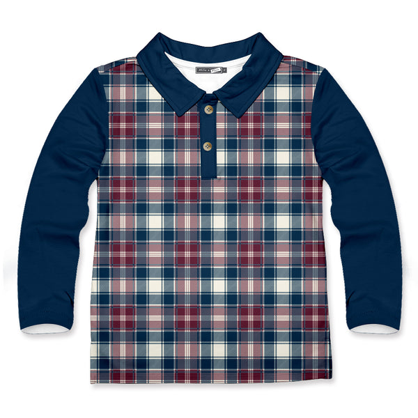 Navy & Plum Plaid Long-Sleeve Polo