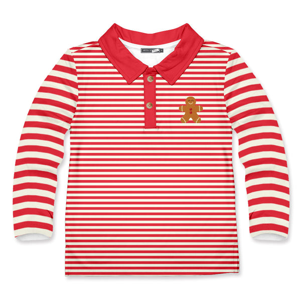 Kids Red Stripe Gingerbread Long-Sleeve Polo