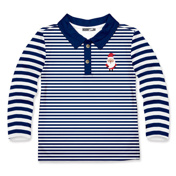 Kids Navy & White Stripe Santa Long Sleeve Polo