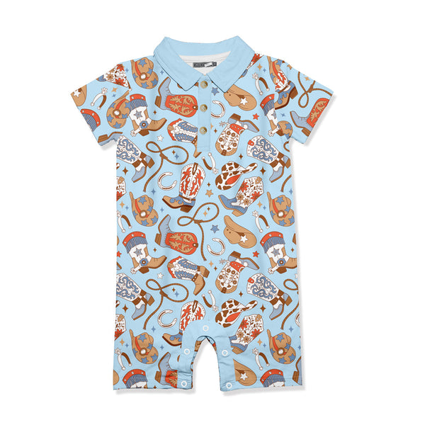 Kids Light Blue Howdy Boots Button-Front Playsuit