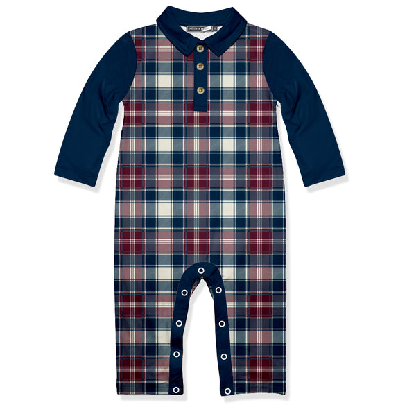 Navy & Plum Plaid Collared Long-Sleeve Playsuit