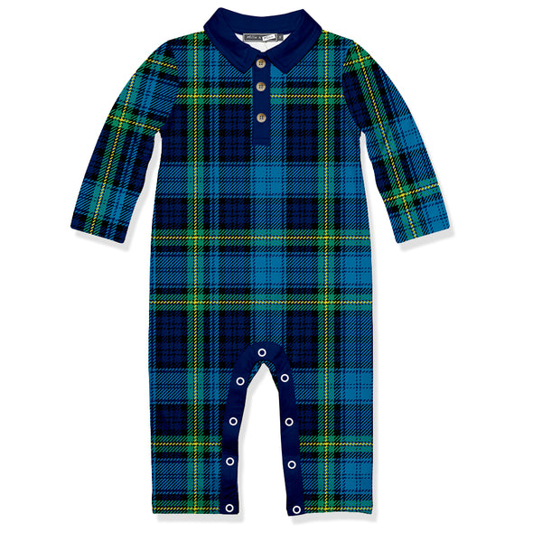 Blue Plaid Collared Long-Sleeve Playsuit