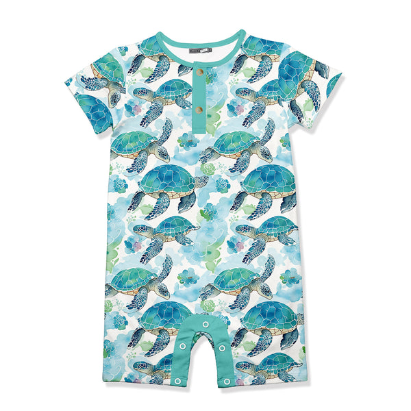 Turquoise Green Turtle Wonder Short-Sleeve Romper