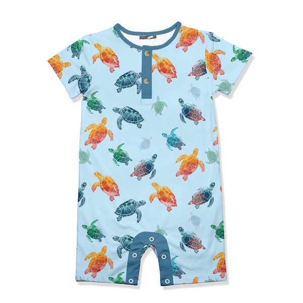 Ice Blue Turtle Dive Short-Sleeve Romper