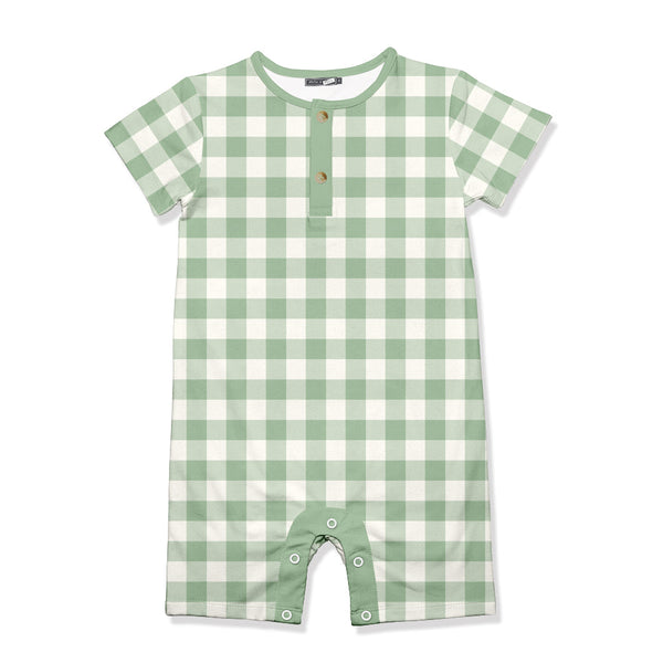 Kids Sage & Cream Check Short-Sleeve Romper