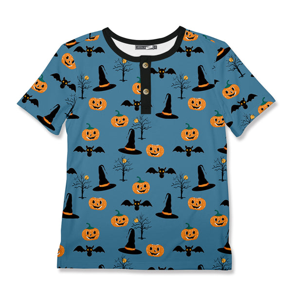 Teal & Orange Jack-O'-Lanterns & Witch Hats Henley