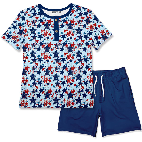 Ice Blue Stars Henley & Navy Pocket Shorts