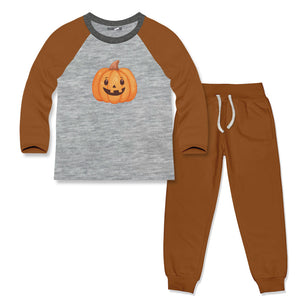 Kids Gray Heather Pumpkin Face Long-Sleeve Raglan Tee & Joggers