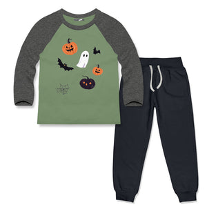 Kids Halloween Print Long-Sleeve Raglan Tee & Charcoal Joggers