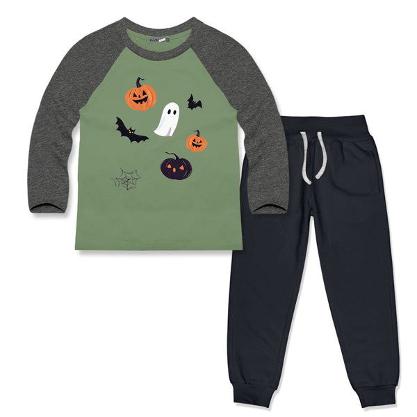 Kids Halloween Print Long-Sleeve Raglan Tee & Charcoal Joggers
