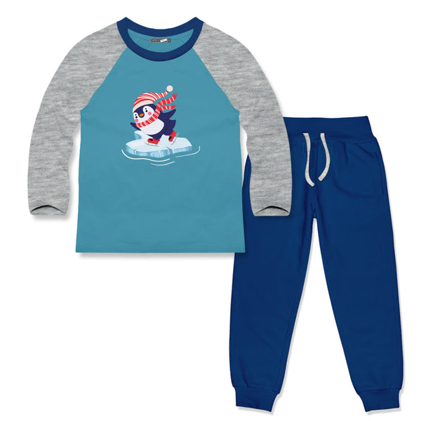 Kids Turquoise & Cobalt Penguins Long-Sleeve Raglan Tee & Joggers