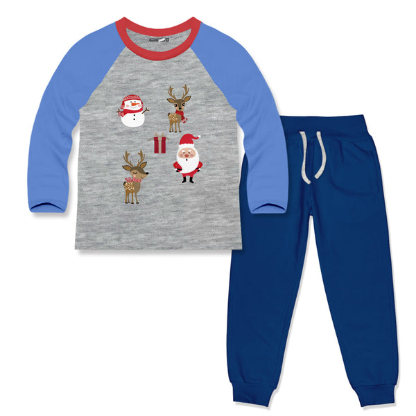 Kids Gray & Cobalt Santa Deer Long-Sleeve Raglan Tee & Joggers