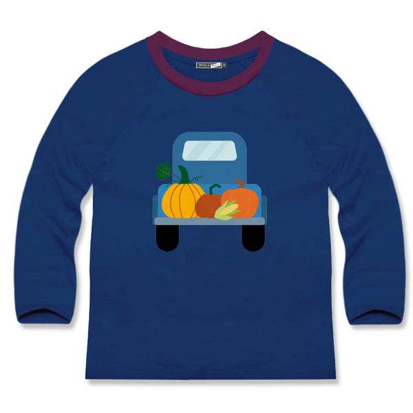 Navy Pumpkin Truck Long-Sleeve Raglan Top