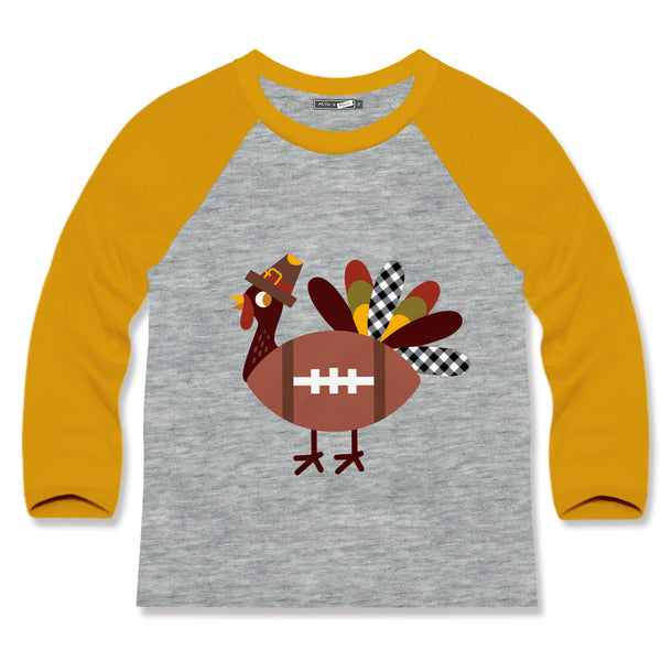 Gray Heather & Marigold Turkey Football Long-Sleeve Raglan Tee