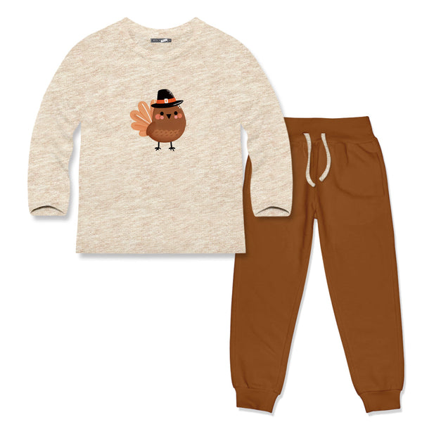 Kids Oatmeal Heather Turkey Long-Sleeve Raglan Tee & Caramel Cafe Joggers