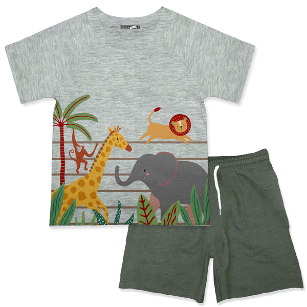 Gray Animal Zoo Tee & Olive Drawstring Shorts