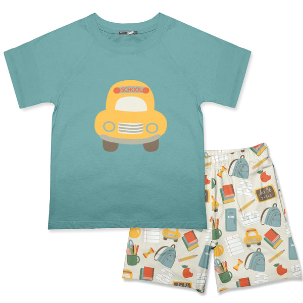 Nile Blue School Bus Crewneck Tee & Cream Back to School Shorts