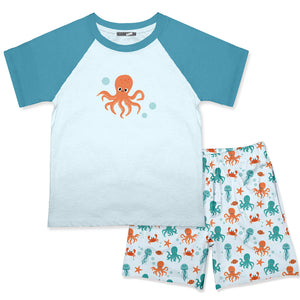 Kids Ice Blue Crewneck Tee & Octopus Sea Shorts