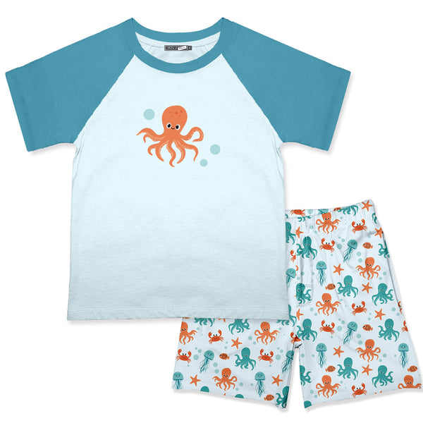 Kids Ice Blue Crewneck Tee & Octopus Sea Shorts
