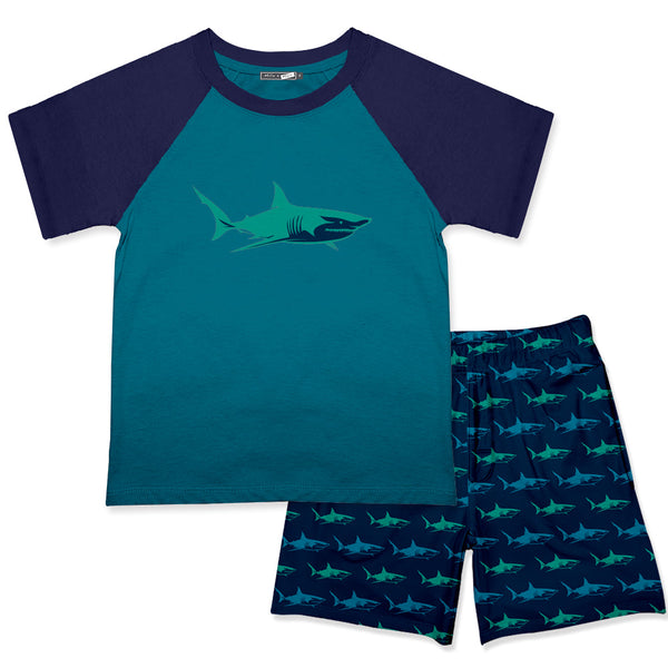 Kids Turquoise Crewneck Tee & Blue Shark Shorts