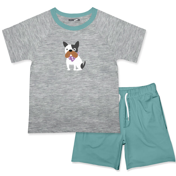 Heather Gray Doggie Crewneck Tee & Nile Blue Pocket Shorts