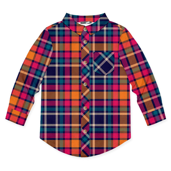 Navy & Orange Color Plaid Long-Sleeve Button-Up