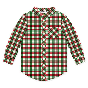 Kids Green Christmas Plaid Long-Sleeve Button-Up