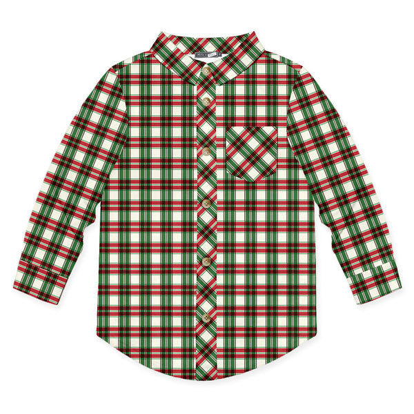 Kids Green Christmas Plaid Long-Sleeve Button-Up