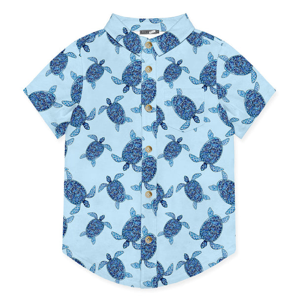 Ice Blue Turtle Tribe Short-Sleeve Button-Up