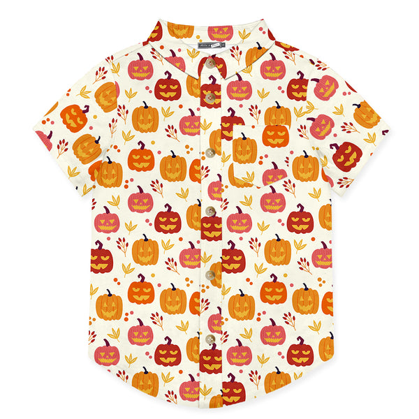 Cream & Orange Pumpkins Short-Sleeve Button-Up