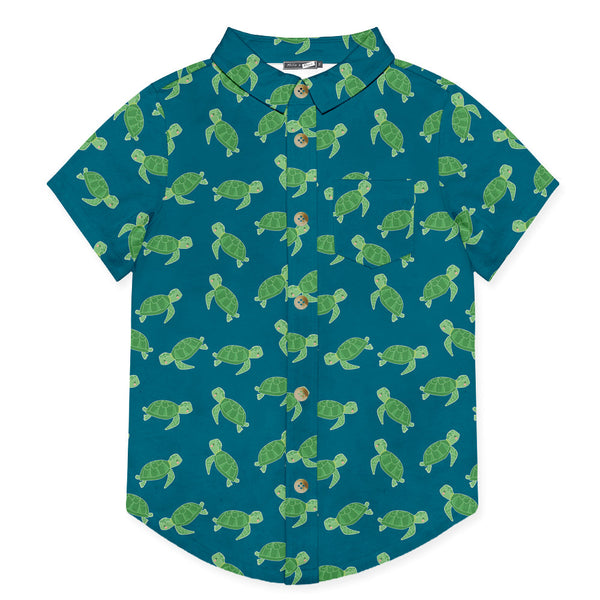 Teal Turtle Rock Short-Sleeve Button-Up