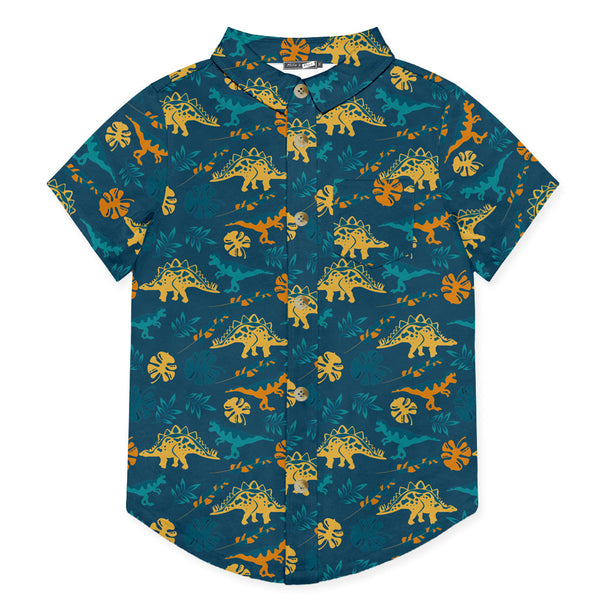 Teal Dinosaur Short-Sleeve Button-Up