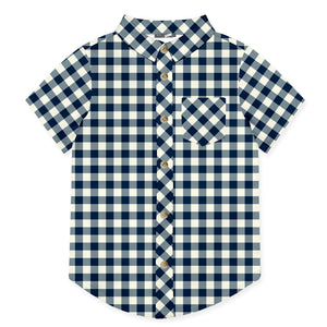 Kids Dark Navy & Cream Check Short-Sleeve Button-Up