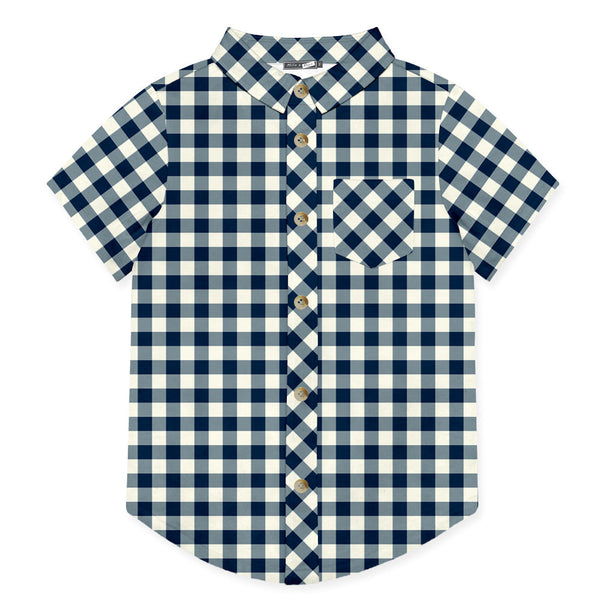 Kids Dark Navy & Cream Check Short-Sleeve Button-Up