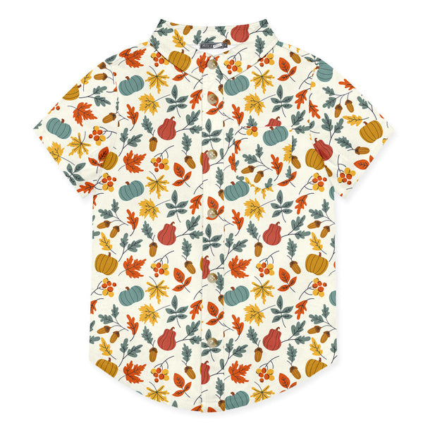 Kids Cream Acorns & Pumpkins Short-Sleeve Button-Up