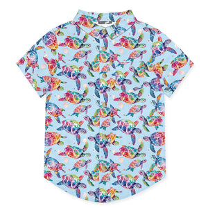 Kids Ice Blue Tie Dye Turtle Short-Sleeve Button-Up