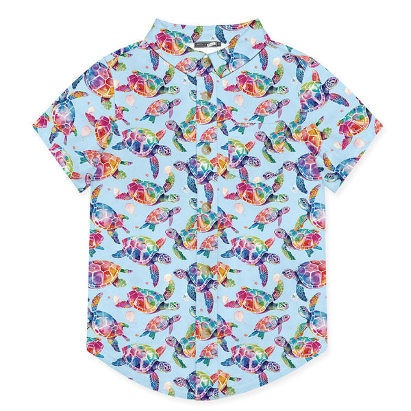 Kids Ice Blue Tie Dye Turtle Short-Sleeve Button-Up