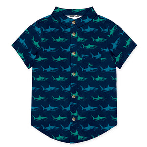 Navy blue shirt with shark pattern on a white background, front